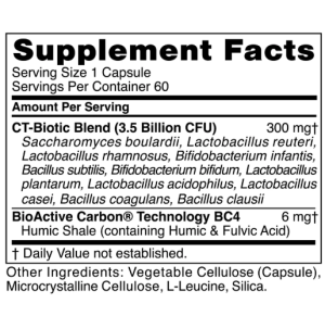 Supplement facts for CT-Biotic Blend capsule.
