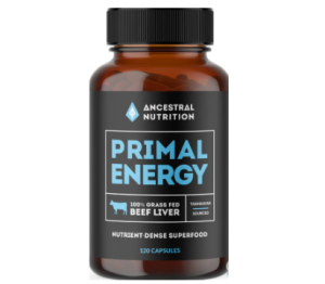Primal Energy beef liver capsules, grass-fed supplement.