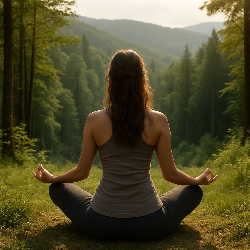 Woman meditating in forest scenery