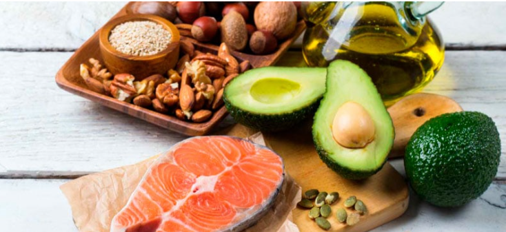 Healthy fats: salmon, avocado, nuts, seeds, olive oil.