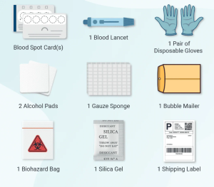 Blood collection kit with disposable tools and instructions.