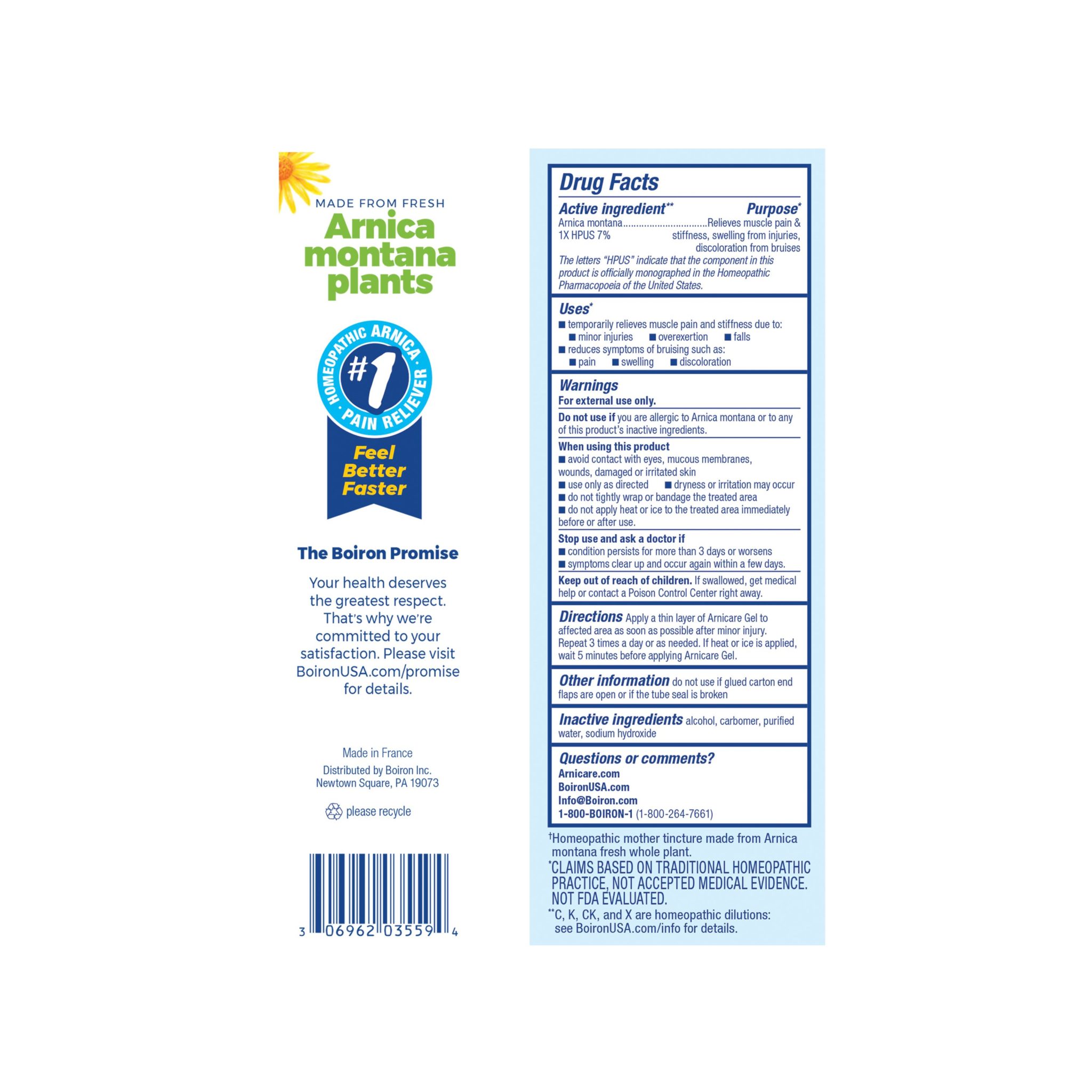 Arnica montana pain relief gel information label.