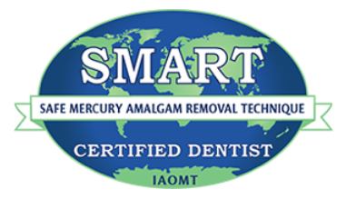 SMART certified dentist logo with world map.