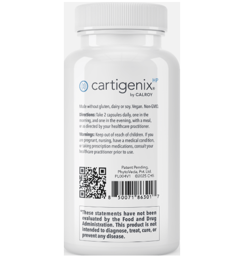 Cartigenix supplement bottle with usage directions and warnings.