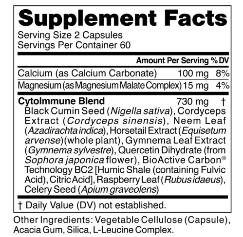 Supplement facts label with ingredient details.