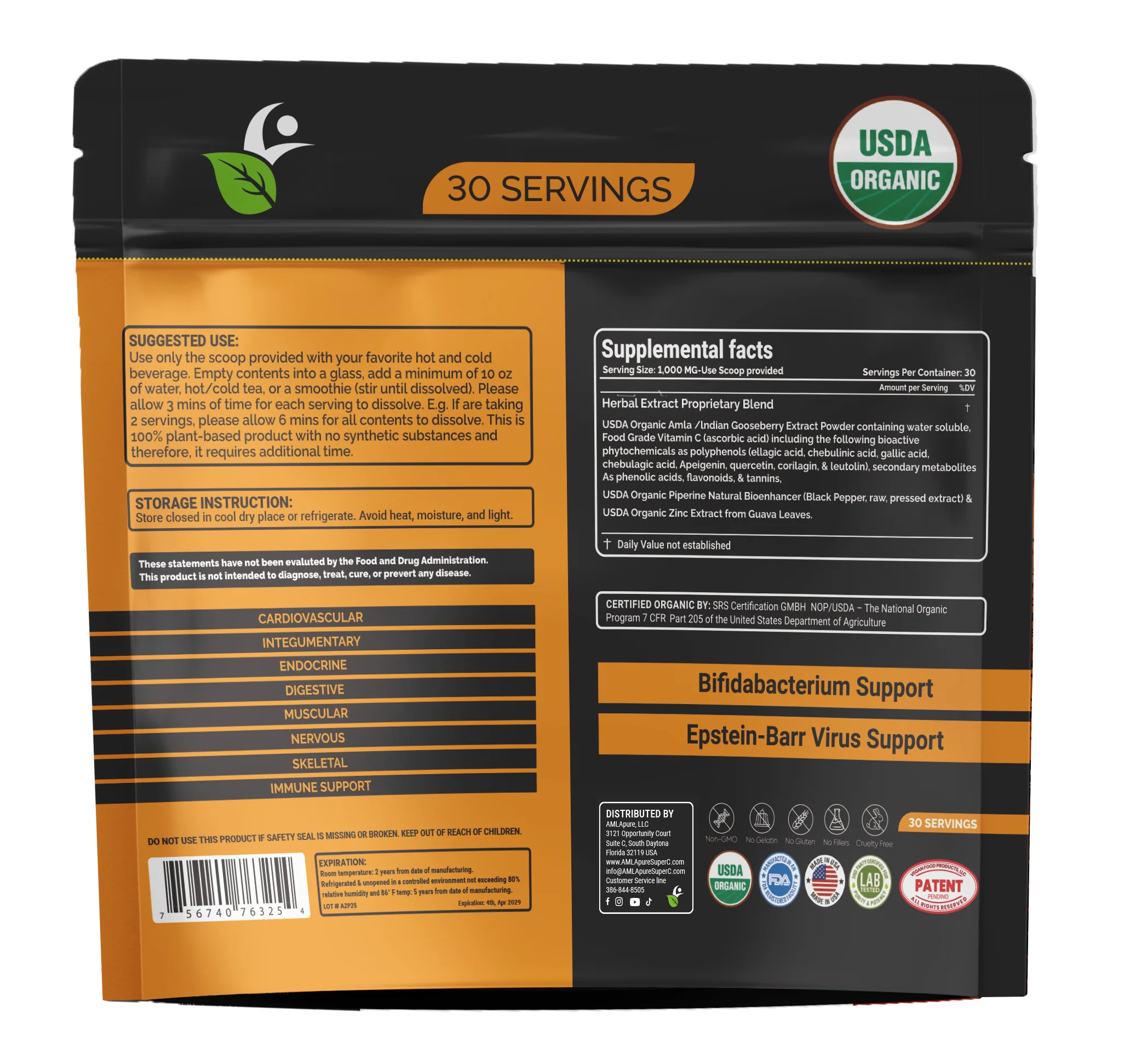Supplement pouch with organic certifications, 30 servings label.