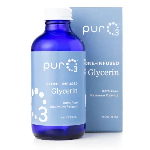 Blue bottle of ozone-infused glycerin with box.