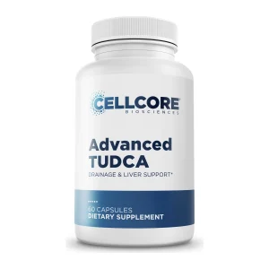 Advanced TUDCA supplement by CellCore, front of bottle, 60 capsules
