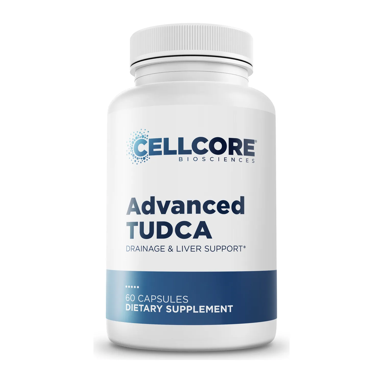 Advanced TUDCA supplement by CellCore, front of bottle, 60 capsules
