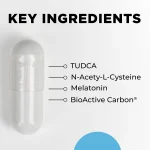 Advanced TUDCA key ingredients shown beside a capsule: TUDCA, N-Acetyl-L-Cysteine, melatonin and BioActive Carbon