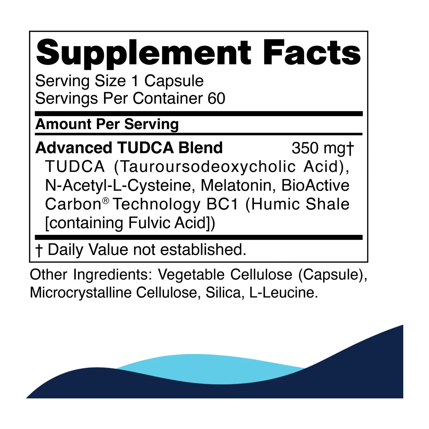 Advanced TUDCA supplement facts panel: 350 mg blend of TUDCA, N-Acetyl-L-Cysteine, melatonin and BioActive Carbon Technology BC1