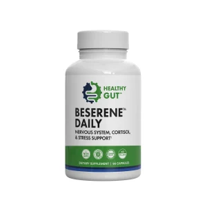 BeSerene Daily by Healthy Gut, front of bottle, 90 capsules for nervous system, cortisol and stress support