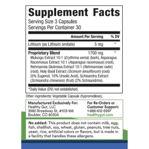 BeSerene Daily supplement facts panel: serving size 3 capsules, lithium orotate 5 mg and a 1700 mg adaptogen blend of mulungu, shatavari, rehmannia, holy basil and schisandra