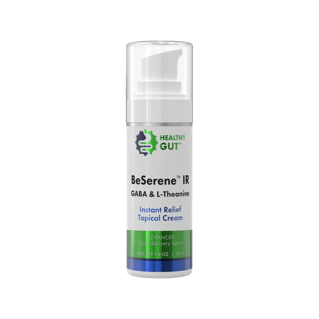 BeSerene IR Instant Relief topical cream by Healthy Gut, front of the 53 g pump bottle with GABA and L-Theanine