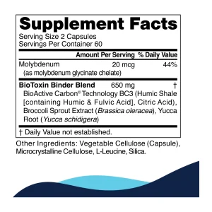 CellCore BioToxin Binder supplement facts panel: molybdenum 20 mcg and BioToxin Binder Blend 650 mg per two capsules