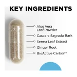 Bowel Mover key ingredients: aloe vera leaf, cascara sagrada bark, senna leaf extract, ginger root and BioActive Carbon