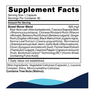 cellcore-bowel-mover-supplement-facts Bowel Mover supplement facts panel listing the 620 mg herbal blend
