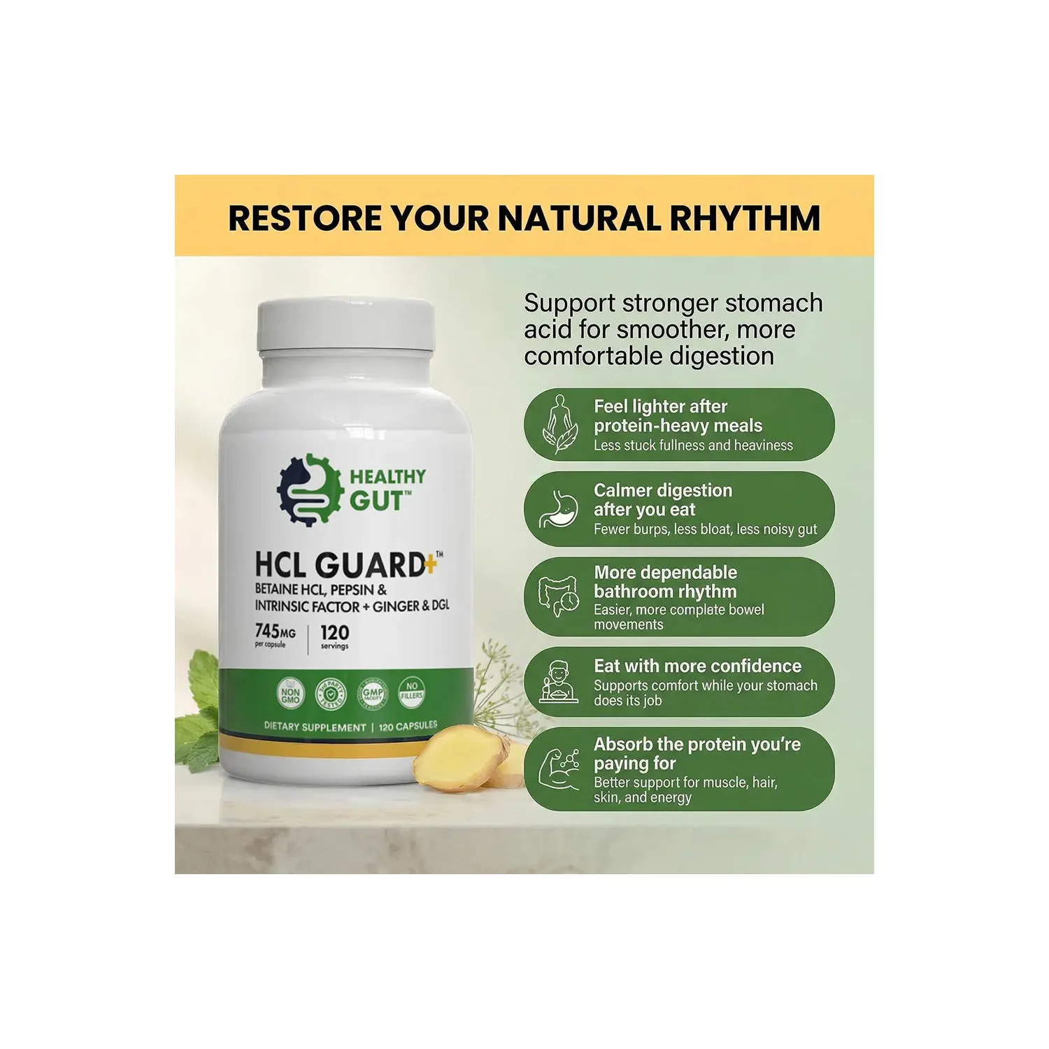 HCL Guard benefits: supports stronger stomach acid for lighter, calmer digestion after protein-heavy meals