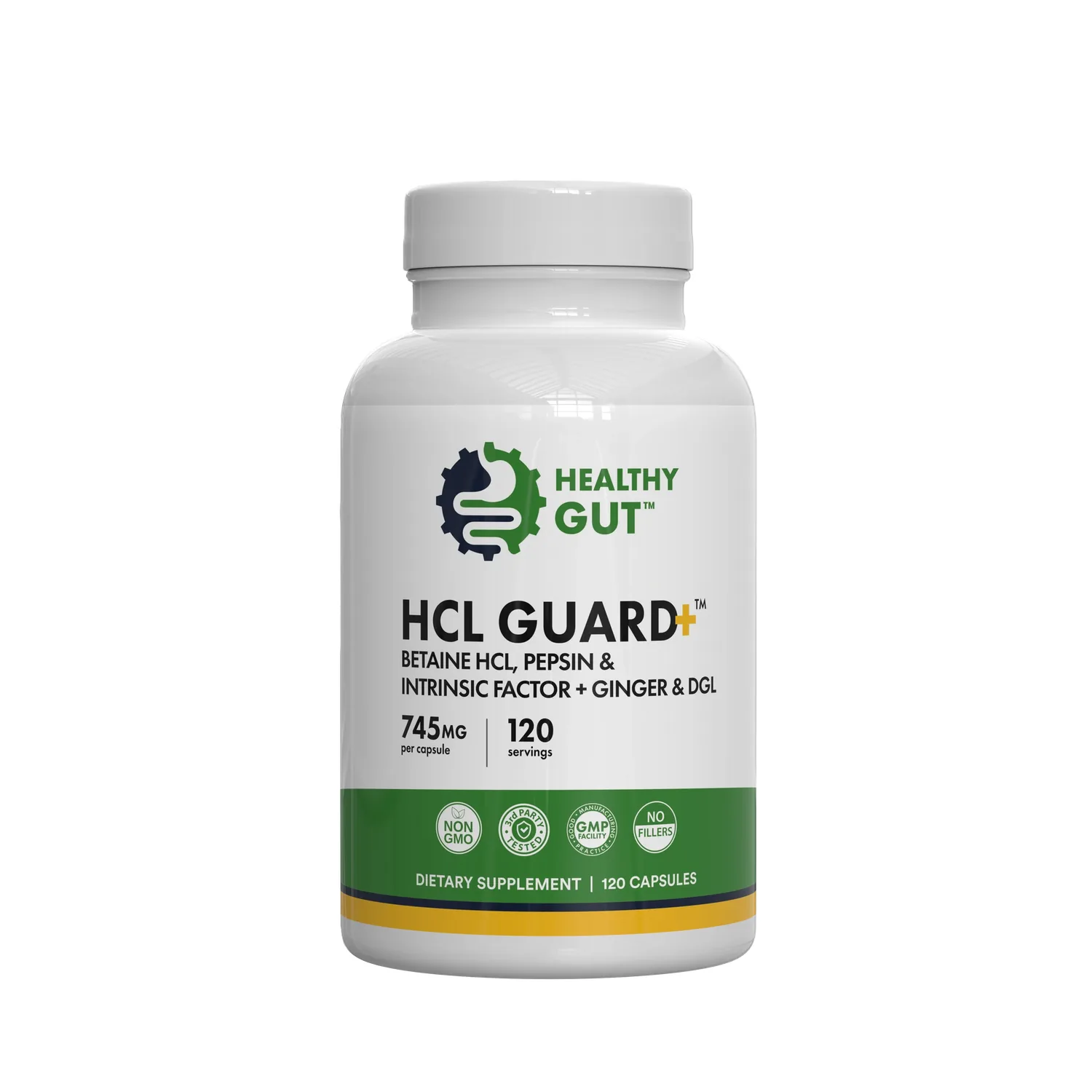 HCL Guard by Healthy Gut, front of the bottle, 745 mg per capsule, 120 capsules