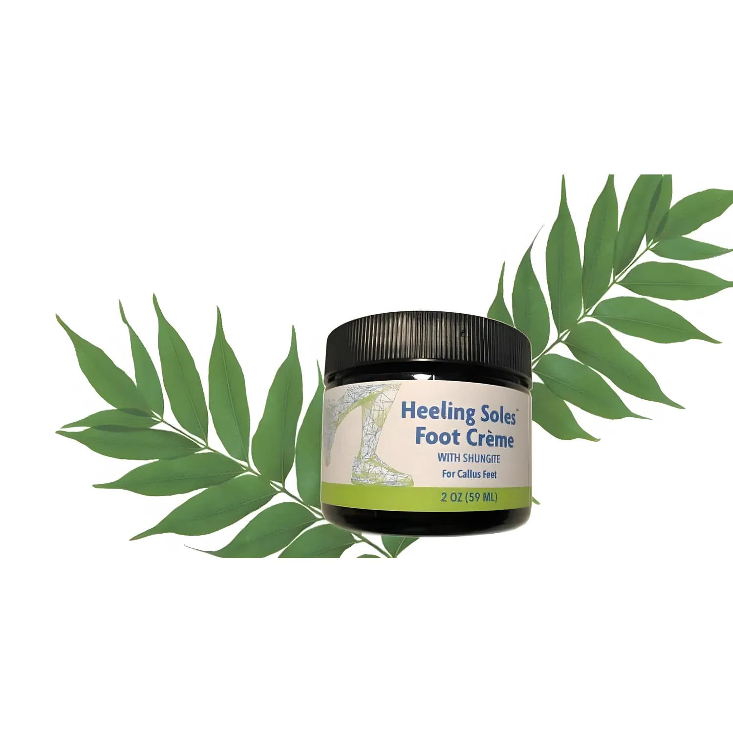 Heeling Soles Foot Crème jar by Herbalix surrounded by green botanical leaves