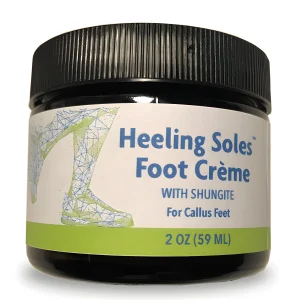 Heeling Soles Foot Crème with shungite by Herbalix, front of the 59 ml dark glass jar