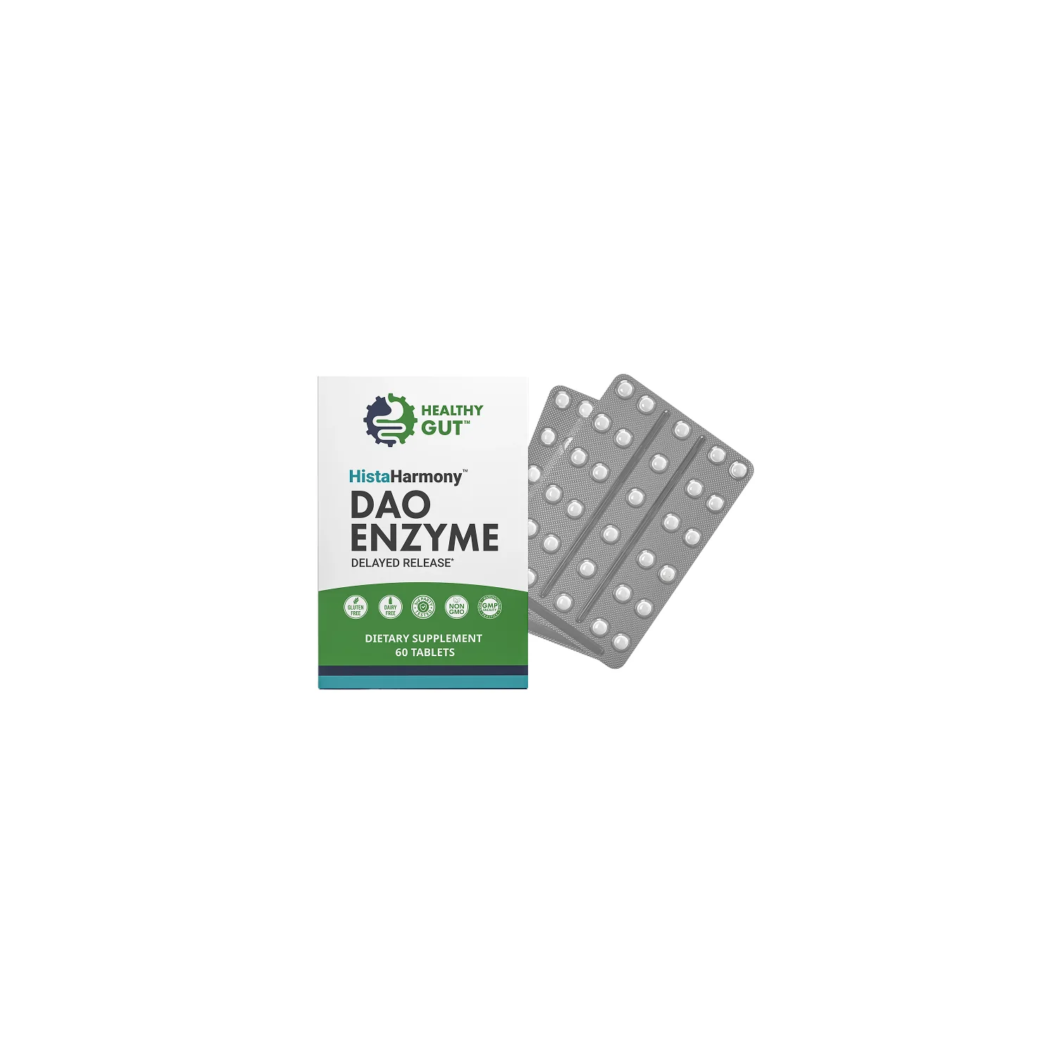 HistaHarmony box beside nitrogen-sealed blister packs of DAO enzyme tablets