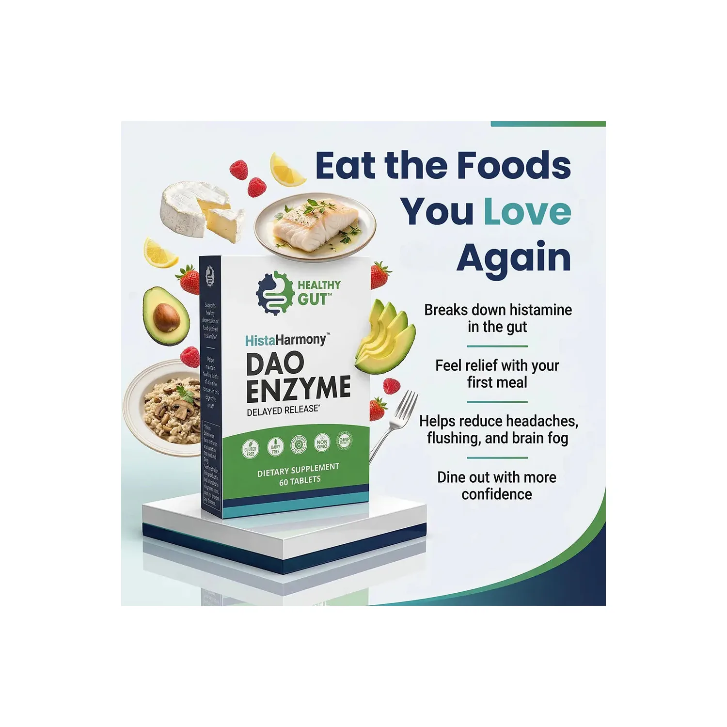 HistaHarmony DAO Enzyme box surrounded by cheese, fish, avocado and berries, with the benefits: breaks down histamine in the gut, relief with your first meal, fewer headaches and flushing