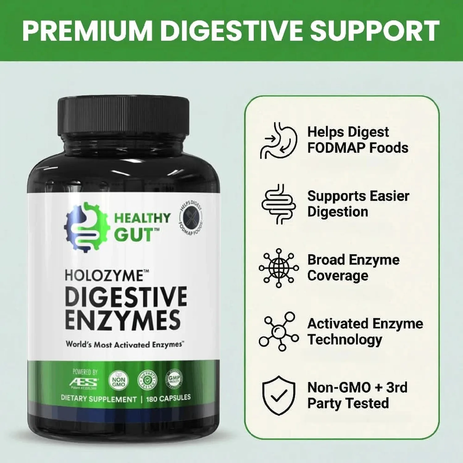 HoloZyme bottle with key benefits: helps digest FODMAP foods, supports easier digestion, broad enzyme coverage, activated enzyme technology, non-GMO and third-party tested