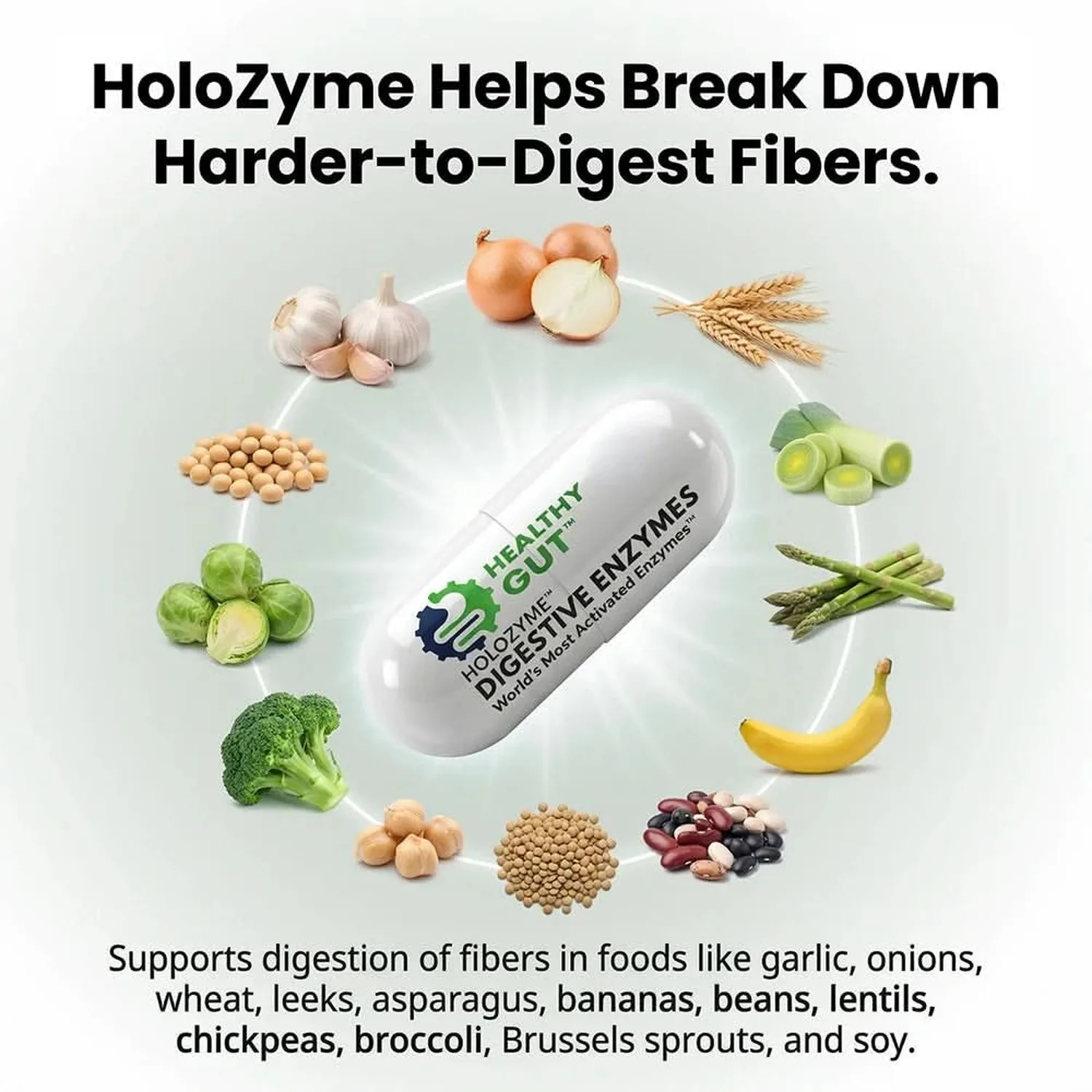 HoloZyme helps break down the fibres in garlic, onions, wheat, leeks, asparagus, bananas, beans, lentils, chickpeas, broccoli, Brussels sprouts and soy