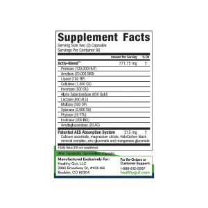 HoloZyme supplement facts panel: Activ-Blend enzyme complex 771.75 mg and Patented AES Absorption System 215 mg per two capsules