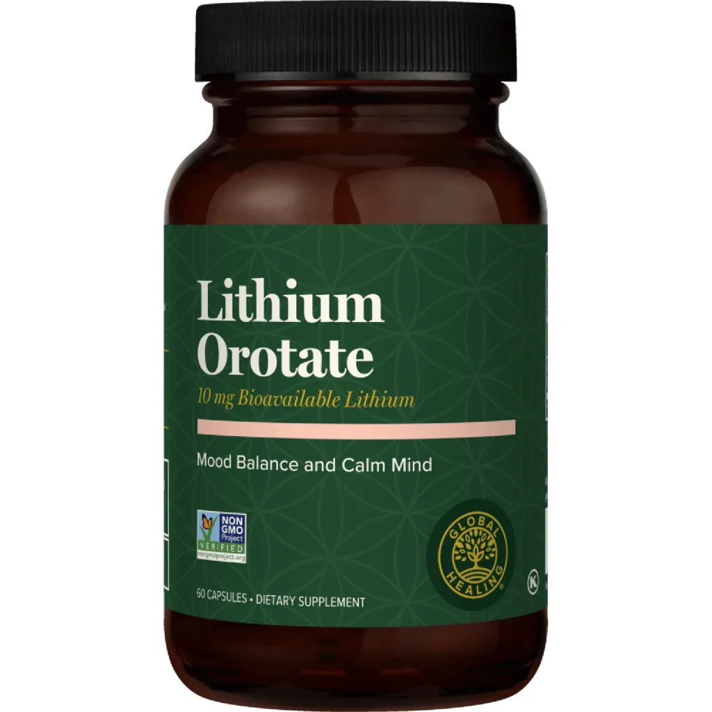 Lithium Orotate supplement by Global Healing, front of bottle, 60 capsules with 10 mg bioavailable lithium