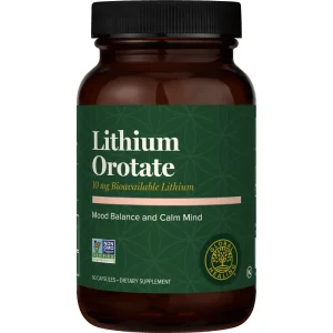 Lithium Orotate supplement by Global Healing, front of bottle, 60 capsules with 10 mg bioavailable lithium