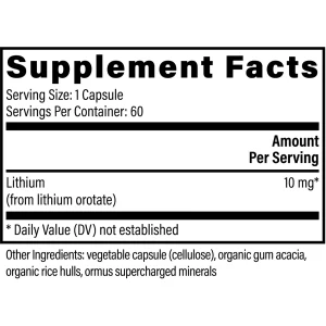 lithium-orotate-supplement-facts Lithium Orotate supplement facts panel: 10 mg lithium from lithium orotate per capsule, 60 servings