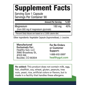 Magnesium-HP supplement facts panel: 180 mg magnesium from 900 mg magnesium glycinate per capsule, 90 servings