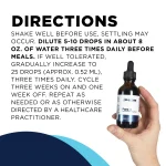 CellCore Para 3 directions: dilute 5 to 10 drops in water three times daily before meals, building up to 25 drops, three weeks on and one week off