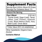 CellCore Para 3 supplement facts panel: seven-herb blend of thyme, sage, tansy, epazote, black walnut hull, holy basil and clove