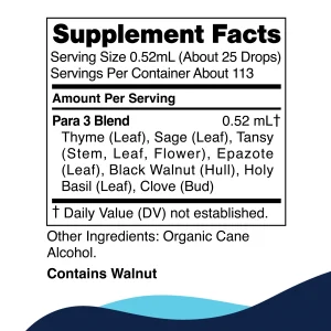 para-3-supplement-facts CellCore Para 3 supplement facts panel: seven-herb blend of thyme, sage, tansy, epazote, black walnut hull, holy basil and clove