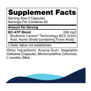CellCore BC-ATP supplement facts panel showing the 550 mg BC-ATP blend with BioActive Carbon BC2