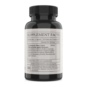 BioImmersion Energy supplement facts: 150 mg blend of 72 Mesozoic plant trace minerals with apple extract per capsule