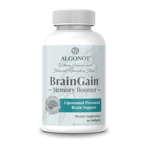 Algonot BrainGain memory booster supplement, front of bottle, 90 softgels