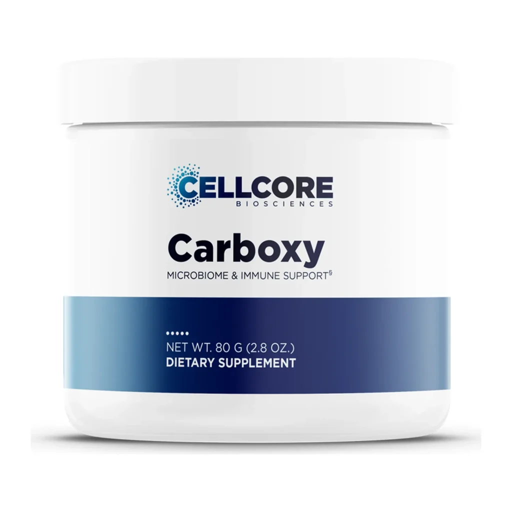 CellCore Carboxy, front of the 80 g tub, microbiome and immune support powder