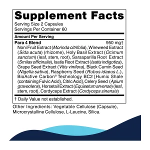 cellcore-para-4-supplement-facts CellCore Para 4 supplement facts panel: 950 mg eleven-herb blend with BioActive Carbon BC2, 60 servings of two capsules