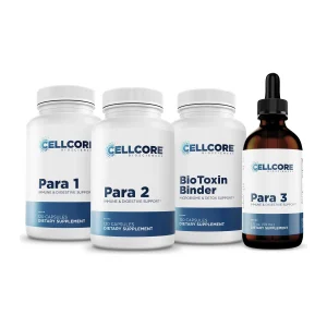 CellCore Parasite Kit: Para 1, Para 2, Para 3 and BioToxin Binder bottles