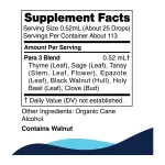 CellCore Para 3 supplement facts panel: Para 3 Blend 0.52 mL of thyme, sage, tansy, epazote, black walnut hull, holy basil and clove