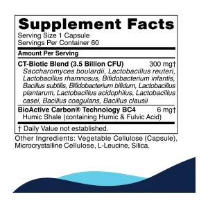 CellCore CT-Biotic supplement facts panel with the 11 bacterial strains and BioActive Carbon