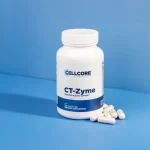 CellCore CT-Zyme bottle with loose capsules on a blue background
