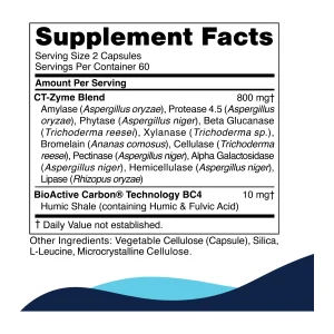 CellCore CT-Zyme supplement facts panel with the 800 mg blend of 11 digestive enzymes and BioActive Carbon