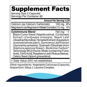 CytoImmune supplement facts — 730 mg eight-herb blend with calcium and magnesium per two capsules