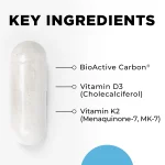 D3+K2 Pro capsule with its key ingredients: BioActive Carbon, vitamin D3 and vitamin K2 as MK-7