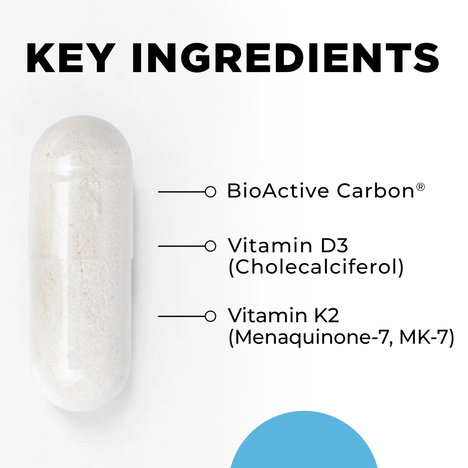 D3+K2 Pro capsule with its key ingredients: BioActive Carbon, vitamin D3 and vitamin K2 as MK-7